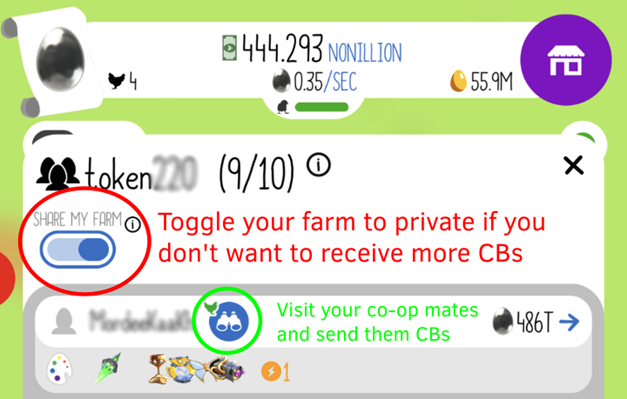 In-game contract info page with highlighted farm sharing button and CB ready icon circled